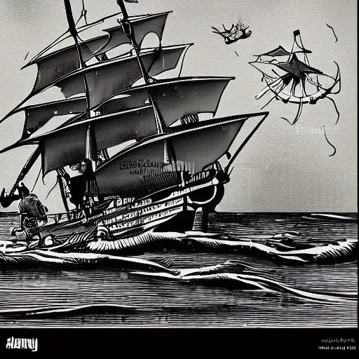 Image similar to detailed golden age illustration of a pirate ship on the ocean