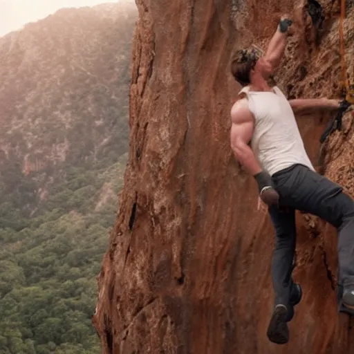 Prompt: Chris Hemsworth climbing a cliff, 4k