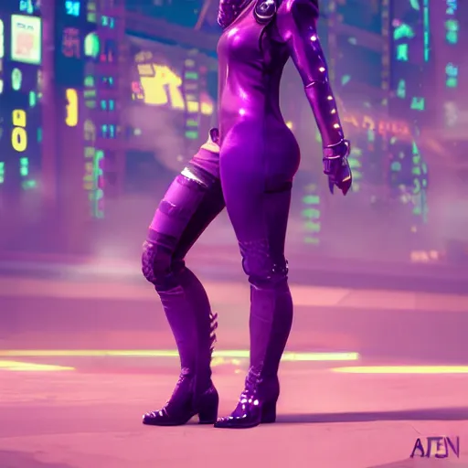 Image similar to Korean cyberpunk female, Cyberpunk 2077 night city gang member with purple bodysuit and knee high boots, trending on artstation by Ruan Jia and Mandy Jurgens and Artgerm and