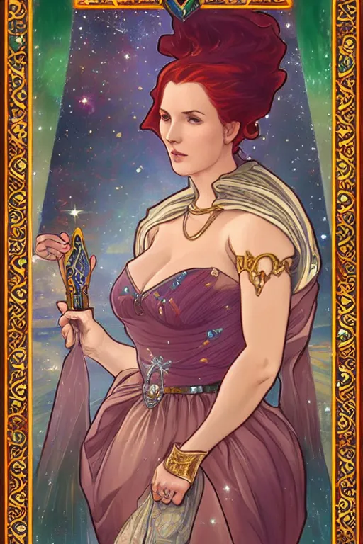 Prompt: a full body tarot card of triss merigold as the thicc empress of time, long and beautiful floor length nebula colored dress made of stars and stardust, emerald tiara and necklace, space, universe, portrait, highly detailed, deep focus, elegant, digital painting, smooth, sharp focus, ultra realistic, 8 k, art by artgerm and alphonse mucha