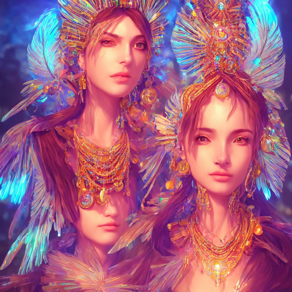 Image similar to portrait highly detailed beautiful symmetrical face high priestess intricate elegant detailed crystal jewellery with tribal feathers, lush colourful volumetric lighting, anime digital painting, concept art, smooth, sharp focus 3 d, divine realm of gods, realistic cinematic style, octane render, photographic, unreal engine 8 k