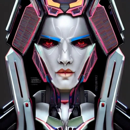 Image similar to symmetry!! a female transformer with full lips, stoic eyes!! very symmetrical face, cybernetic and highly detailed, by steven zavala, by matt tkocz, by shane baxley, transformers cinematic universe, pinterest, deviantart, artstation _ h 7 5 0