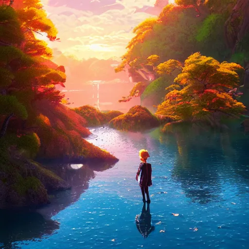 Prompt: mountains, sun, water, japan, anime style art, soft, concept art, intricate details, highly detailed, colorful, photorealistic, disney pixar, octane render, iridescent, anime, 8 k