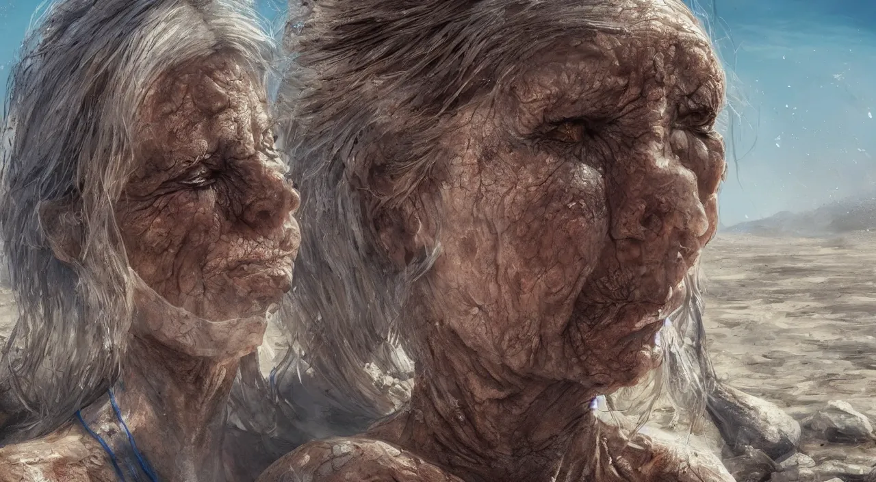 Image similar to Giant 65-year-old giant Gaia woman crying as she's dying on a dried up river in a desolate land, blue sky, hot and sunny, highly-detailed, elegant, dramatic lighting, artstation, 4k, cinematic landscape