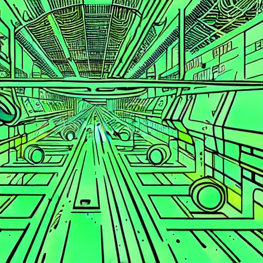 Image similar to a scifi illustration, factory interior with vats of neon green fluid. seen from above, parallax bloom effect, heavy linework line brush, graphic novel style