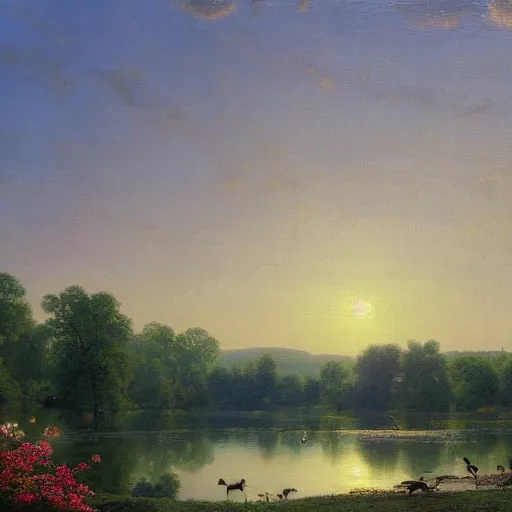 Image similar to a painting of a duck pond at sunset, surrounded by flower bushes, a detailed matte painting by Robert S. Duncanson, deviantart, hudson river school, terragen, trending on artstation