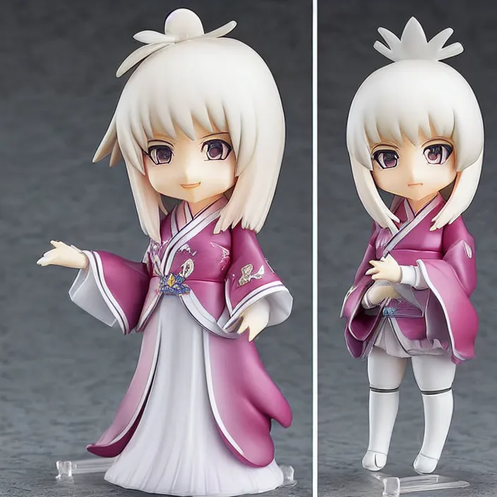 Prompt: a japanese princess young lady, with white hair and bangs!!!! AYAKA, An anime Nendoroid of [Character Here], figurine, detailed product photo