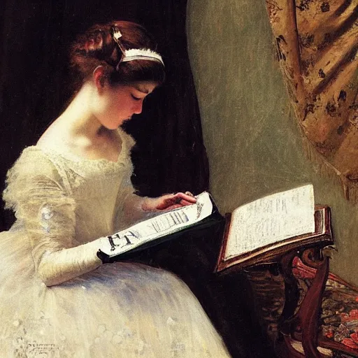 Image similar to young victorian lady in ball gown reading a book, painted by alfred stevens