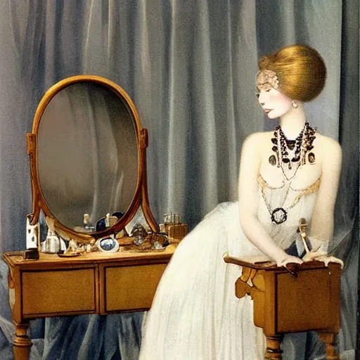 Prompt: a young woman seated at a dressing table, looking at herself in a mirror. She is wearing a white dress and a pearl necklace. Her hair is styled in a loose updo. On the table in front of her are several perfume bottles and a box of powder. dieselpunk by John Bauer