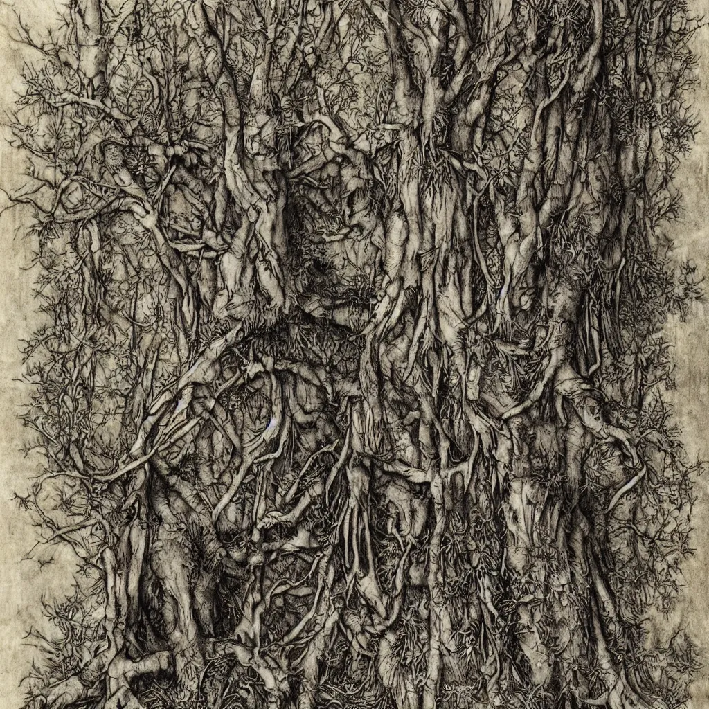 Prompt: leshen from wither 3, dark atmosphere, faded out colors, highly detailed muted colors, highly detailed illustration by albrecht durer, fine art sketch