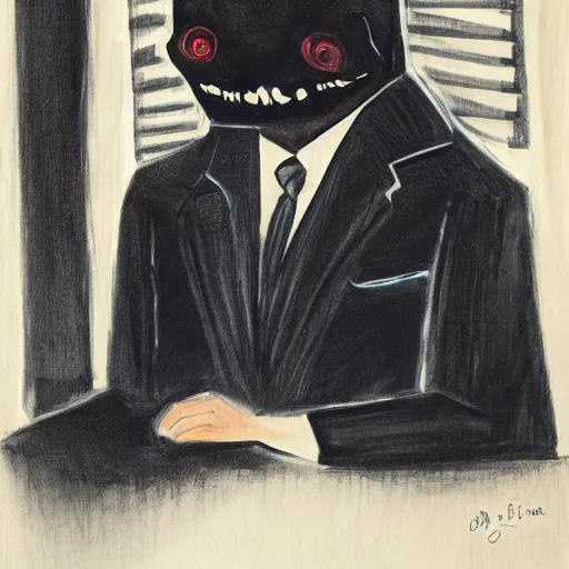 Image similar to a man in a suit and tie with a creepy face, a character portrait by christian jane fergusson, tumblr contest winner, dada, ominous, macabre, creepypasta