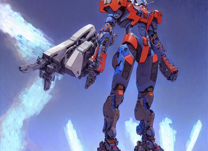 Image similar to character design digital 2 d man viking evangelion cyborg blue armor with and hologram gun by gaston bussiere, anna nikonova aka newmilky, greg rutkowski, yoji shinkawa, yoshitaka amano, tsutomu nihei, muira, moebius, donato giancola, trending on artstation, featured on pixiv