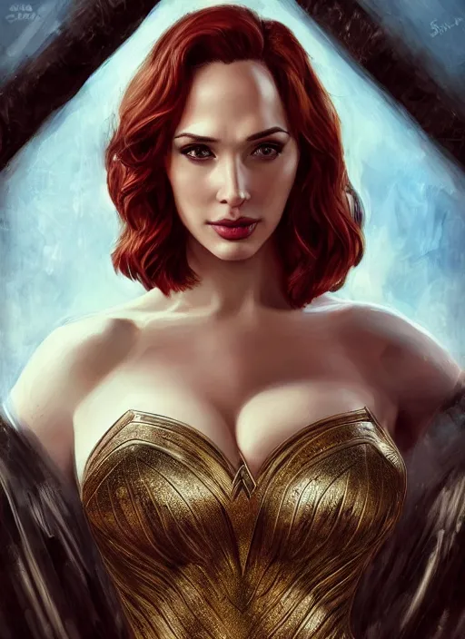 Image similar to photo of a gorgeous christina hendricks / gal gadot hybrid in the style of stefan kostic, realistic, professionally, professionally color graded, half body shot, sharp focus, k high definition, insanely detailed, intricate, elegant, art by stanley lau and artgerm