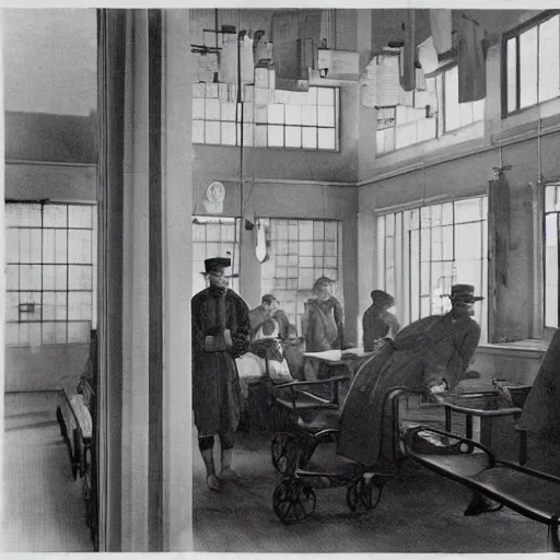 Prompt: an image of a civic hospital clinic, in a medium full shot, russian and japanese mix, high - key lighting, warm lighting, overcast flat midday sunlight, a vintage historical fantasy 1 9 1 5 photo from life magazine, professional cooperate, the new york times photojournalism.