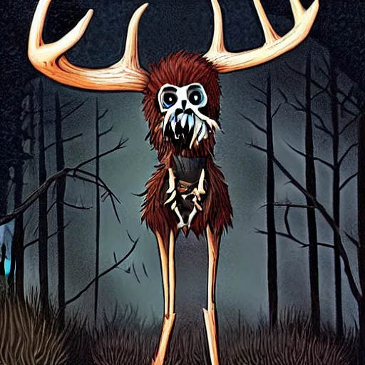 Prompt: rafeal albuquerque comic art : : wendigo monster with deer skull face, antlers, furry body, tall and lanky : : walking through the forest : : night time : : spooky, scary, fog