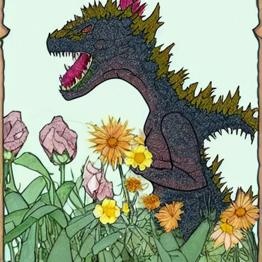 Image similar to godzilla smelling flowers, in the style of chiara bautista, mucha