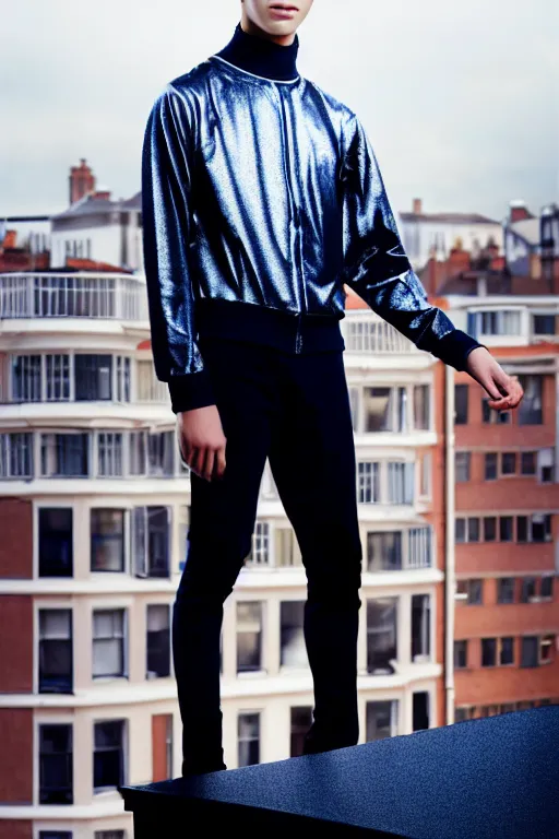 Image similar to un ultra high definition studio quality photographic art portrait of a young man standing on the rooftop of a british apartment building wearing soft padded silver pearlescent clothing. three point light. extremely detailed. golden ratio, ray tracing, volumetric light, shallow depth of field. set dressed.