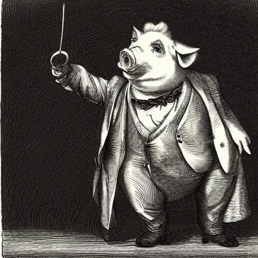 Prompt: pig in a tuxedo, illustration by Gustave Doré