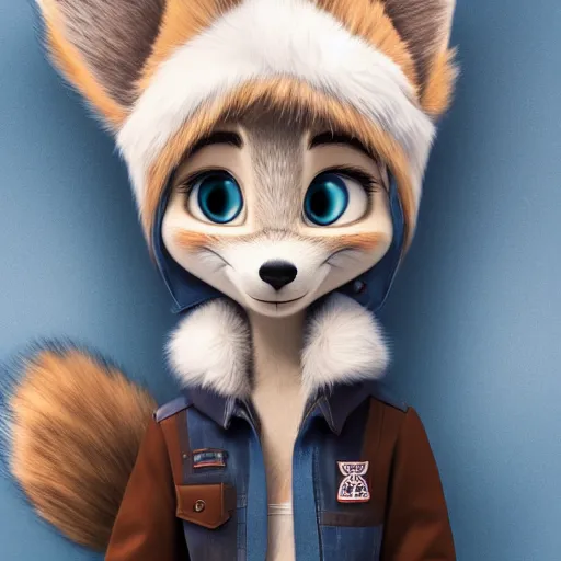 Prompt: upper half portrait of a anthropomorphic female snowfox with short fur covering her body, wearing a denim jacket in the style of zootopia, far shot,