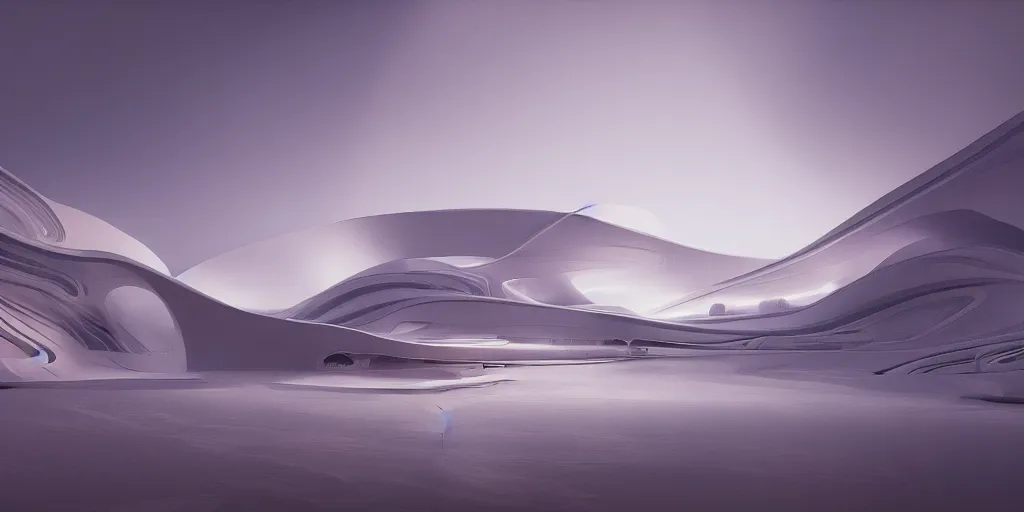 Prompt: landscape painting by james jean with zaha hadid architecture , redshift, octane