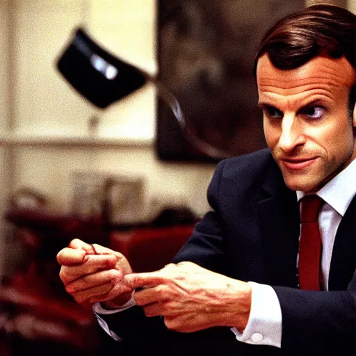 Image similar to Emmanuel Macron doing his morning routine in American Psycho (1999)