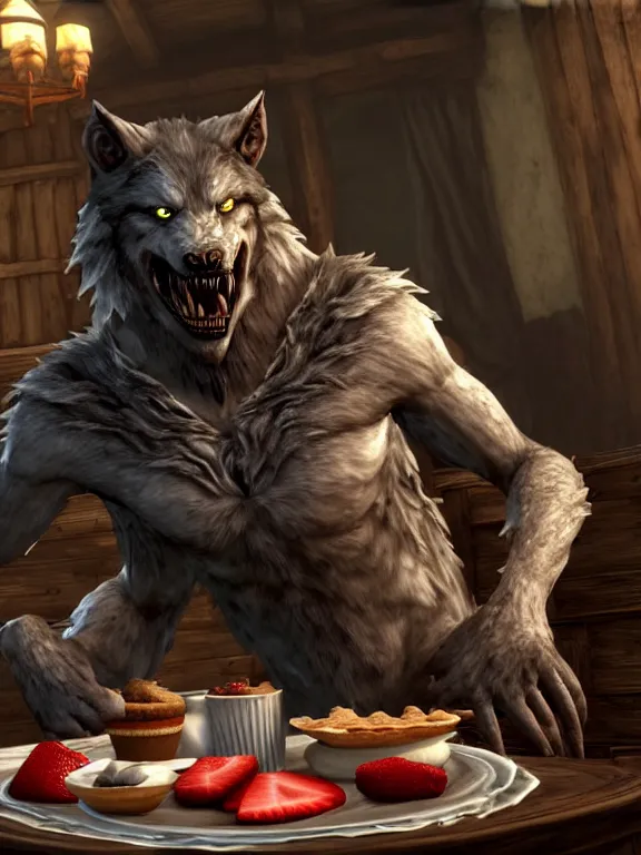 Image similar to cute handsome cuddly burly surly relaxed calm timid werewolf from van helsing sitting down at the breakfast table in the kitchen of a normal country home cooking having fun lighthearted whimsy whimsical baking strawberry tart cakes unreal engine hyperreallistic render 8k character concept art masterpiece screenshot from the video game the Elder Scrolls V: Skyrim