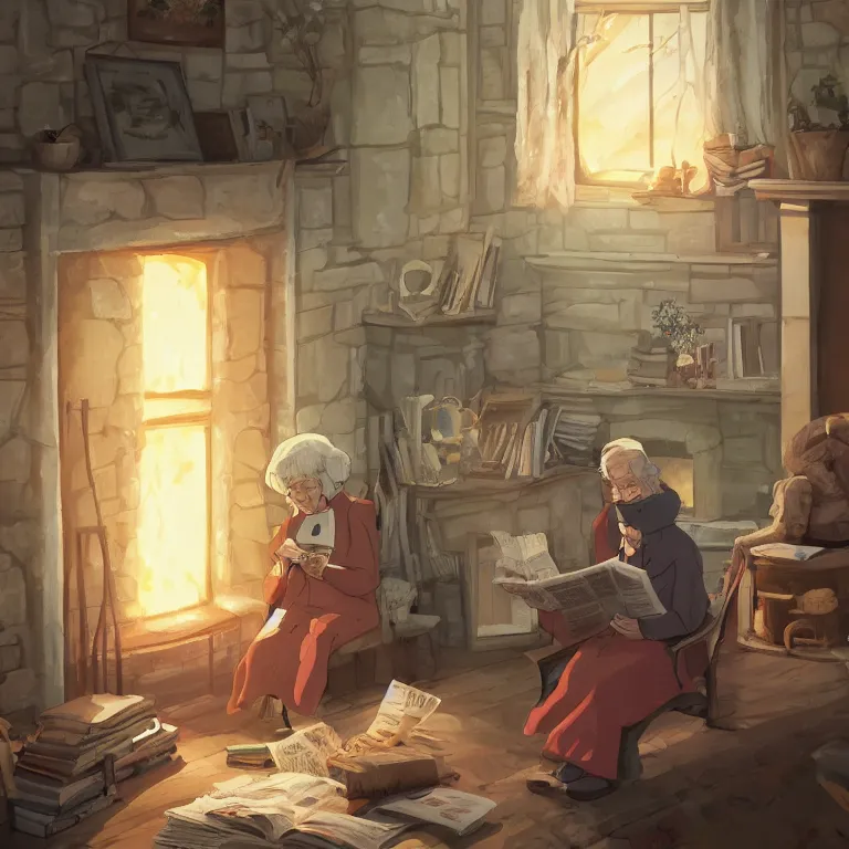 Prompt: An old lady is sitting in front of a fireplace in the living room while she reads a newspaper. Her house seems warm and cozy despite it being cold outside. She wears a sweater with a scarf wrapped around her neck. digital art, studio ghibli, highly detailed, fantasy, natural lighting, trending on artstation