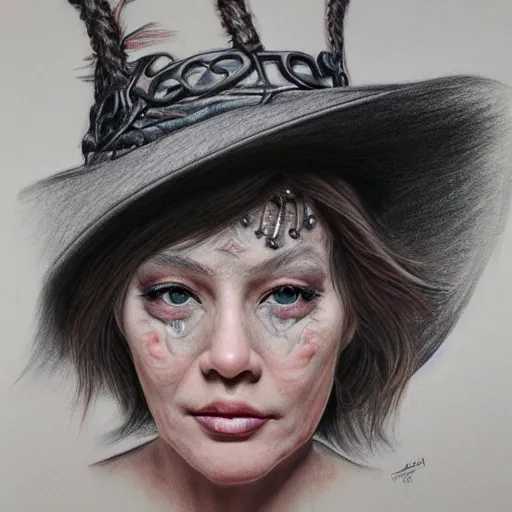 Prompt: Intricate five star Beautiful Witch facial portrait by Monica Lee, Colored pencil on paper, high detail, skin texture, photo realistic, hyperrealism,matte finish, high contrast, 3d depth, masterpiece, vivid colors, artstationhd