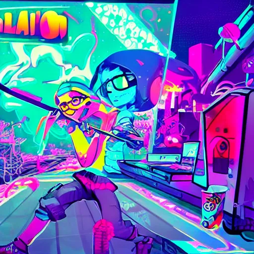 Prompt: splatoon, retrowave epic art, trending on art station