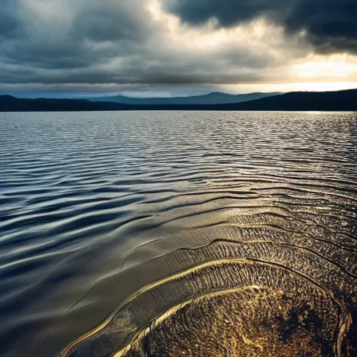 Image similar to dslr photo of a large lake with ripples from a pebble skimming across the water, full bodied portrait, artgerm, artstation, very high quality effects, intricate details,, extremely high quality, moody lighting, real camera, real photo, photography by deviantart, 8 k, full subject in shot