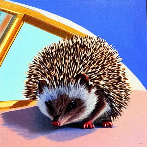 Prompt: hedgehog melting in the heat with an electric fan pointing at the hedgehog, sitting in front of a window, oil on canvas, detailed, art