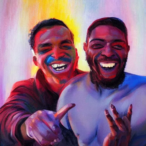 Image similar to landscape, portrait beautiful painting, two men with scarred faces smiling happily while high - fived. fine art, bright colors, trending on artstation, smooth draw, sharp focus, digital art.