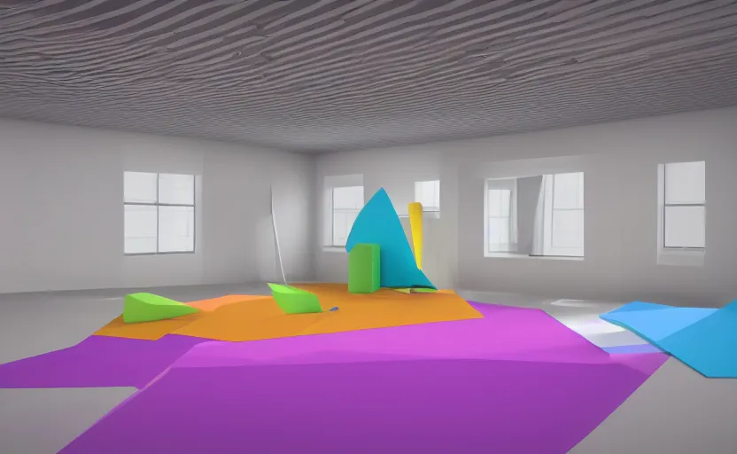 Prompt: empty room, big open floor, large colourful 3 d shapes, unreal engine and v - ray render.