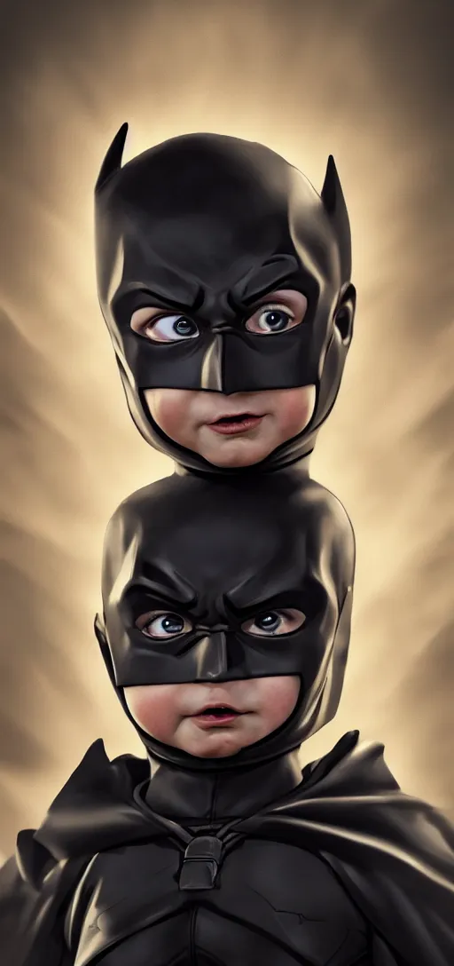 Image similar to portrait of baby batman in action pose, elegant, cinematic, cinematic lights, highly detailed, hdr, artstation, concept art, ambient light, 4 k, intricate details, highly professionally detailed, cgsociety, highly detailed