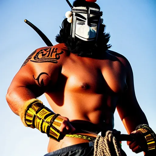 Image similar to big buff very strong very buff samurai wearing an oni mask, amazing movie still movie