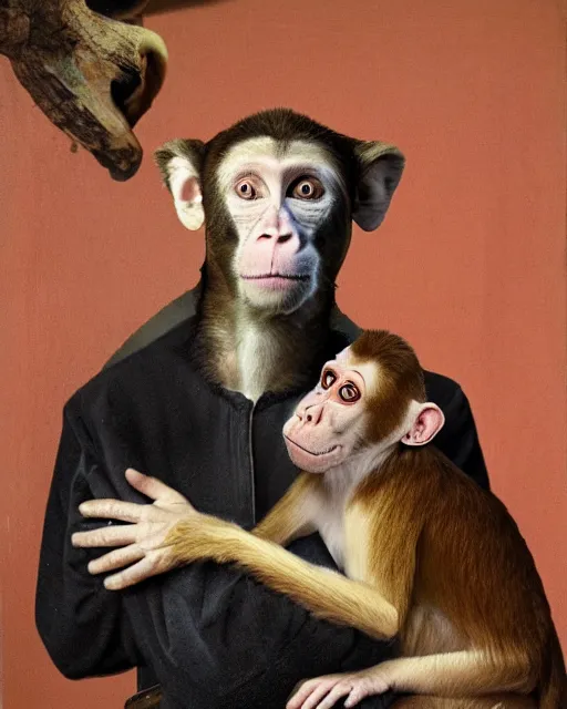 Image similar to goofy monkey and his goofy dog, cross eyed, high detail realistic renaissance portrait painting