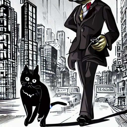 Prompt: hardboiled detective in 1940s attire pursuing a cat in cyberpunk city