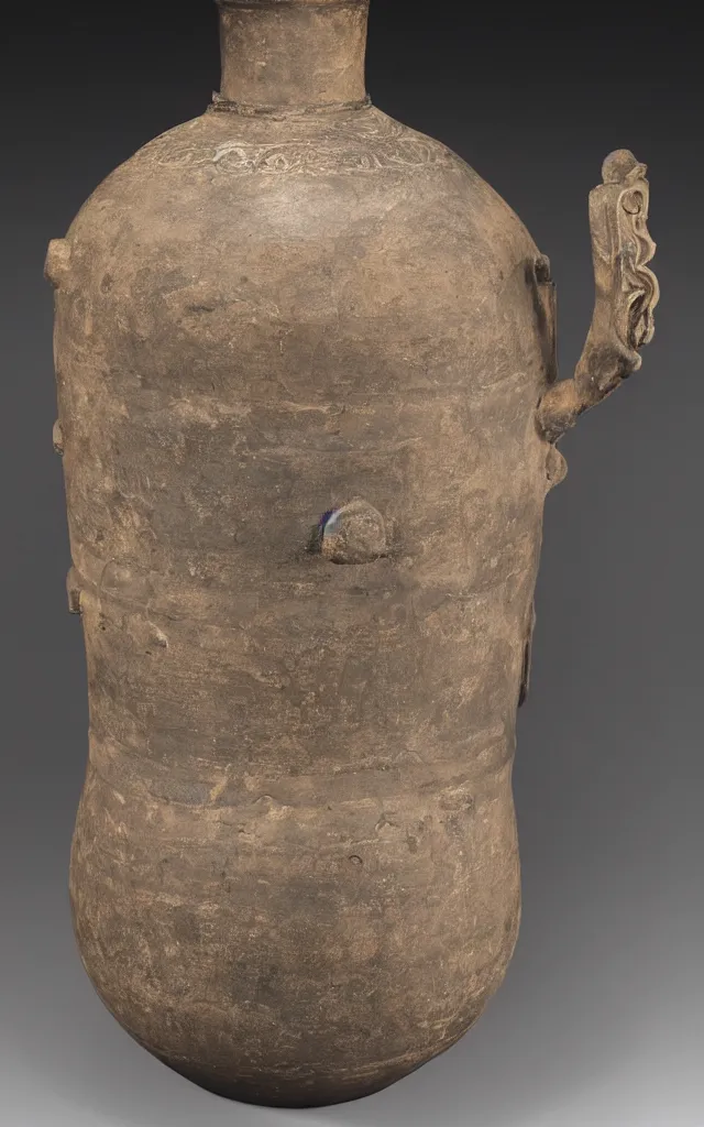 Prompt: a beautiful, ancient, iron made greek amphora container, museum item, with drawings of tom cruise