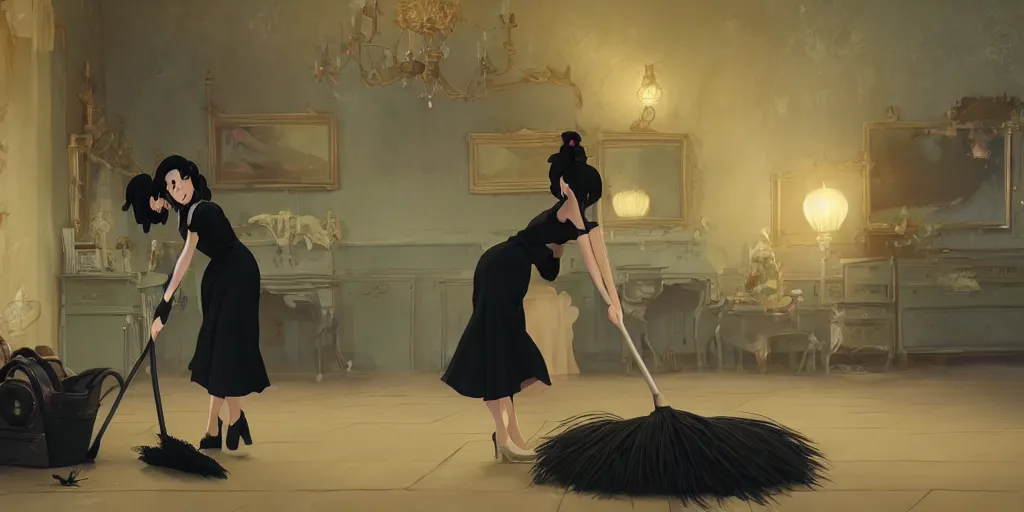 Prompt: animation key shot of a pretty woman with black hair dressed as a maid sweeping the floor in an elegant palace bedroom, studio ghibli, pixar and disney animation, sharp, rendered in unreal engine 5, anime key art by greg rutkowski, bloom, dramatic lighting