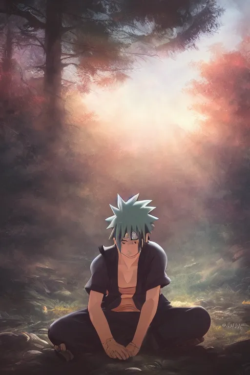 Image similar to photorealistic dark fantasy concept art of Naruto meditating in a forest, dynamic lighting, stunning visuals, realism, cinematic, hyper detailed, ultra detailed, beautiful visuals and sunset