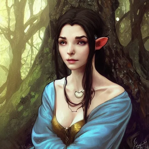 Image similar to d & d portrait of an elf resting on a tree, short black hair, regal sky blue robes, sharp focus, intricate, smooth, ultra realistic digital art, high fantasy, pointed ears, elegant, by artgerm, greg rutkowski, alphonse mucha