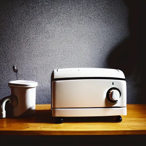 Prompt: toaster on the bathtub, sad, alcohol nearby, picture with message, depression, dark climate