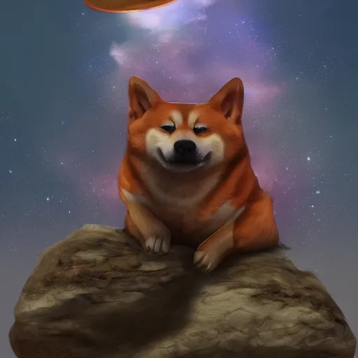 Image similar to A Shiba inu monk sits on a rock and fly through space and time, Artstation