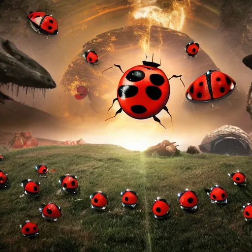 Prompt: promotional movie still, ladybugs, ladybug hybrids, ladybug hobbits, ladybug robots, space western, the fellowship of the ring ( film ), 3 d render