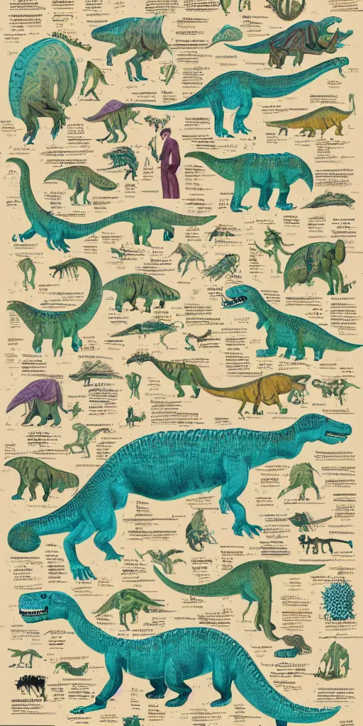 Prompt: anatomy of a dinosaur, diagrams, map, marginalia, sketchbook, old script, inhabited initials, pastel infographic by Wes Anderson and victo ngai