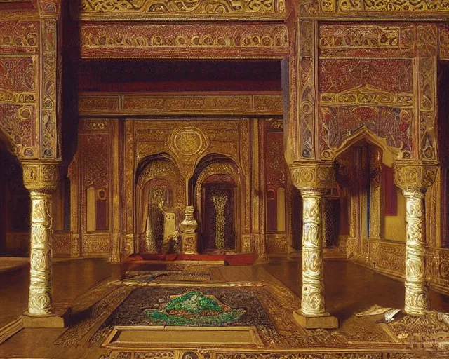 Prompt: a beautiful, detailed oil painting in the orientalist style, of the ornate chambers of an oriental arabian princess, with screens and silks, by frederic leighton