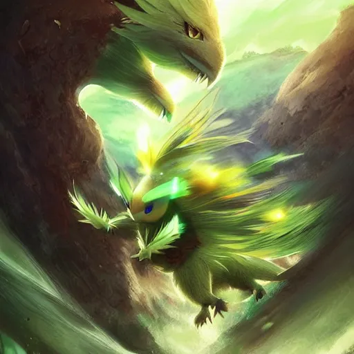 Image similar to a cute beautiful earth type pokemon, green feathers bursting out of his hair, full body shot, highly detailed digital art, 3 d perspective, award - winning illustration, aesthetic, smooth, pokemon style, made by greg rutkowski, with an alien landscape in the background