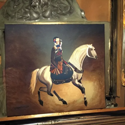 Prompt: phantom gannon riding a horse in a dark mansion with lots of paintings