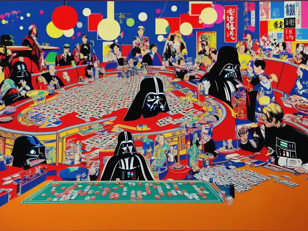 Image similar to hyper - realistic composition of a large room with an extremely detailed poker table in the center, woman in traditional japanese kimono standing nearby, darth vader sitting at the table, fireworks in the background, pop art style, jackie tsai style, andy warhol style, acrylic on canvas, dull palette