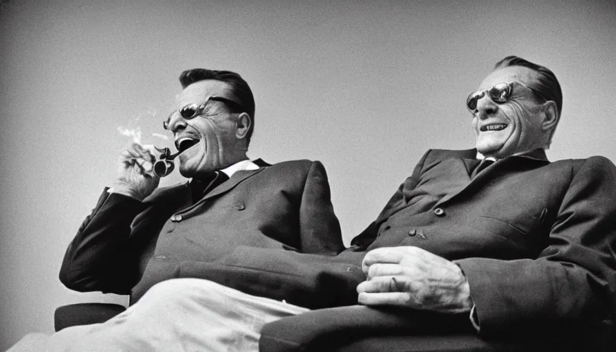 Prompt: 60s movie still portrait of Josip Broz Tito sitting in a armchair laughing and smoking a cigar, cinestill 800t 35mm black and white, cinematic, very detailed, skin texture, high quality